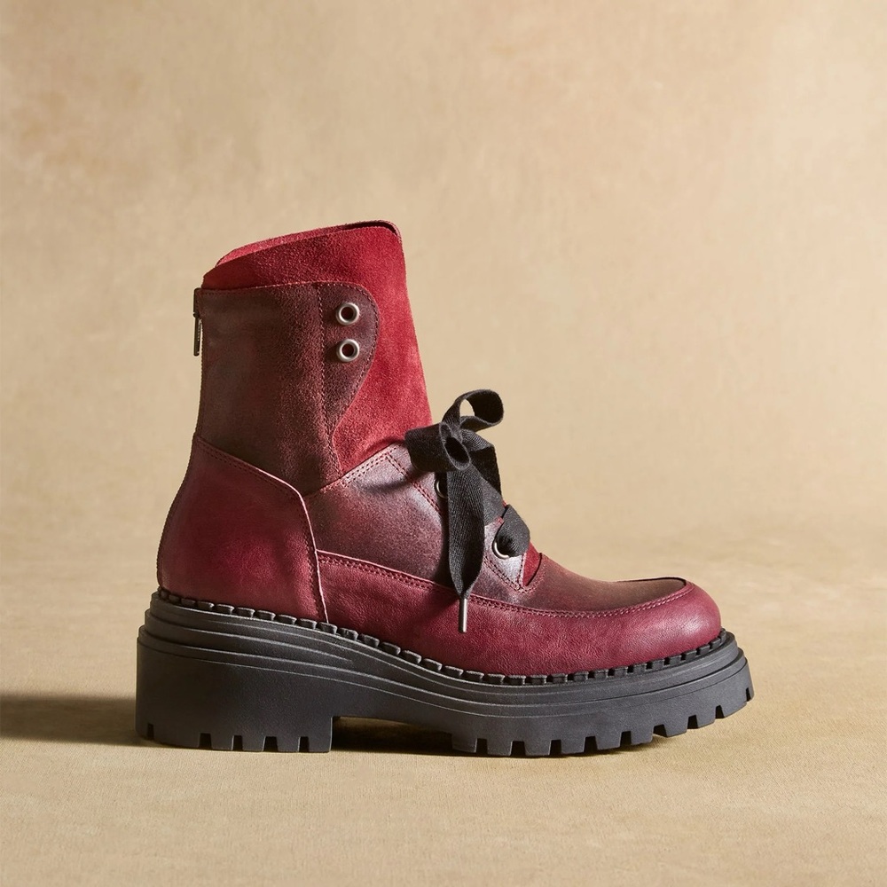Sundance Casta Burgundy Wine Combat Lace Up Moto Leather Boots in Size 38